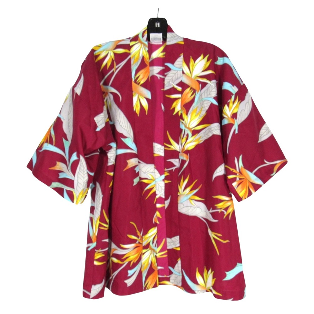 VTG MALAMA SOPHISTICATES HAWAII Open Front SATIN Tropical CARDIGAN Kimono Sz L